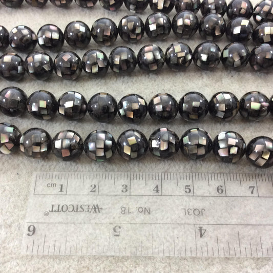 LOOSE BEADS - 10mm Pearly Black/Gray Natural Mother of Pearl Inlaid Round/Ball Beads with 1mm Holes - Sold in Pre-Packed Bags of 10 Beads
