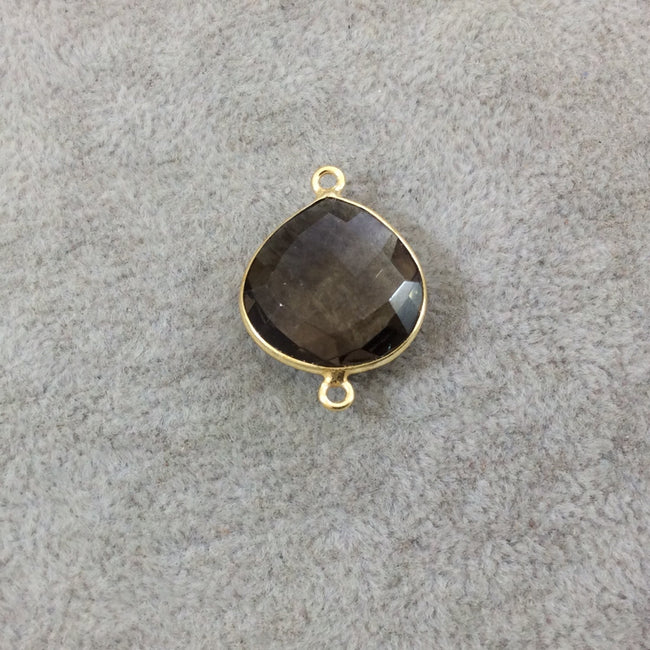 Gold Plated Faceted Smoky Brown Hydro (Lab Created) Quartz Heart/Teardrop Shaped Bezel Connector - Measuring 18mm x 18mm - Sold Individually