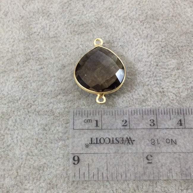 Gold Plated Faceted Smoky Brown Hydro (Lab Created) Quartz Heart/Teardrop Shaped Bezel Connector - Measuring 18mm x 18mm - Sold Individually