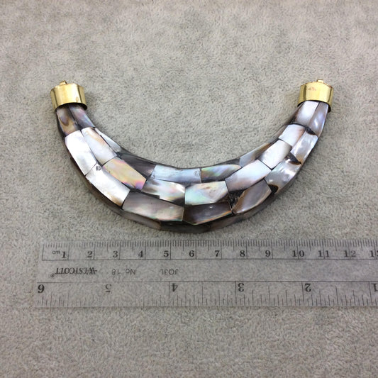 5" Extra Large Gray Abalone Shell Inlaid Double Ended U-Shaped Black Acrylic Focal Pendant - Measuring 124mm x 72mm