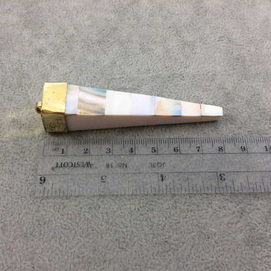 SALE 3" Iridescent White Natural Abalone Shell Inlaid Square Pointed Spike Shaped Pendant with Gold Cap - Measuring 17mm x 80mm