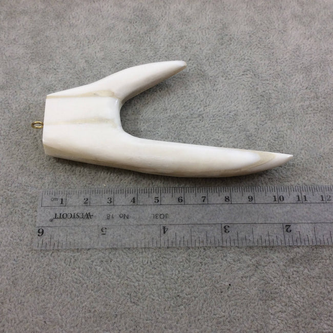 4.25" White/Ivory Long Flat Antler Tusk Shaped Natural Ox Bone Pendant with Gold Plated Ring - Measuring 58mm x 110mm