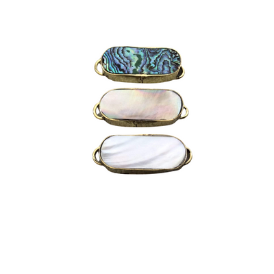 1.25" Iridescent white Natural Abalone Shell Skinny Oval Shaped Gold Plated Bezel Connector - Measuring 14mm x 33mm.