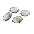 1" Iridescent Gray Natural Abalone Shell Fat Oval Shaped Gold Plated Bezel Connector - Measuring 21mm x 29mm.