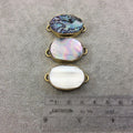 1" Iridescent White Natural Abalone Shell Fat Oval Shaped Gold Plated Bezel Connector - Measuring 21mm x 29mm.