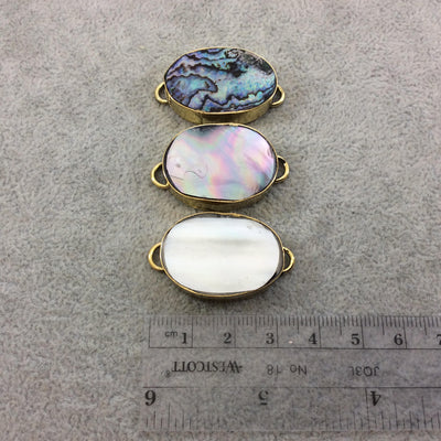 1" Iridescent Rainbow Natural Abalone Shell Fat Oval Shaped Gold Plated Bezel Connector - Measuring 21mm x 29mm.