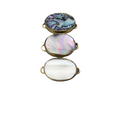 1" Iridescent White Natural Abalone Shell Fat Oval Shaped Gold Plated Bezel Connector - Measuring 21mm x 29mm.