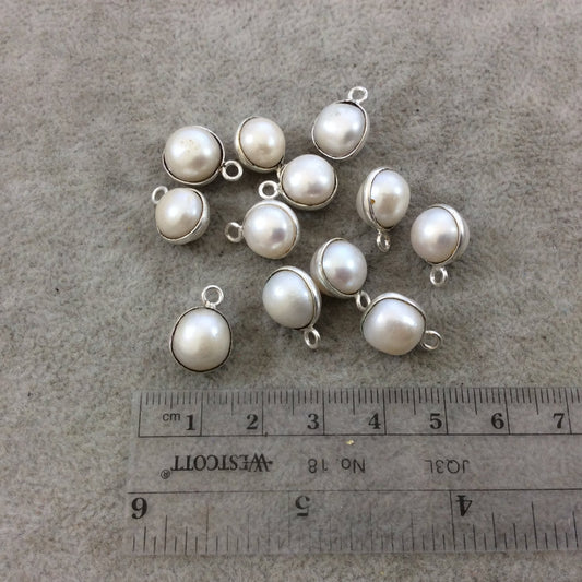 Silver Plated Smooth Natural White Freshwater Pearl 3D Round Shaped Bezel Pendant - Measuring 10-11mm - Sold Individually, Randomly