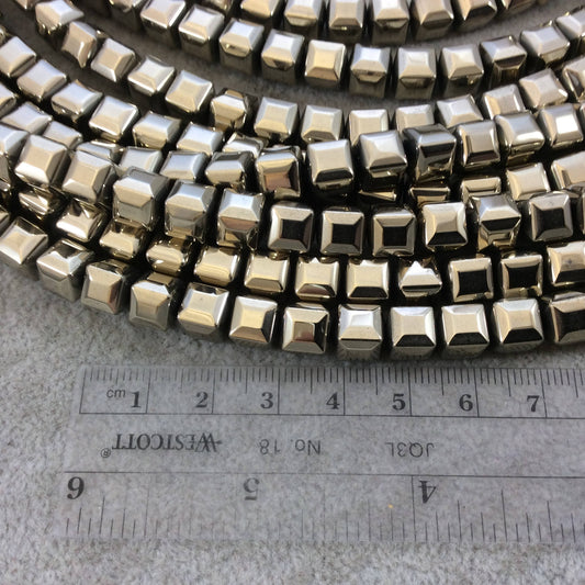 8mm Glossy Finish Faceted Metallic Light Gold Coated Hematite Cube Shaped Beads with 1mm Holes - Sold by 16" Strands (Approx. 51 Beads)
