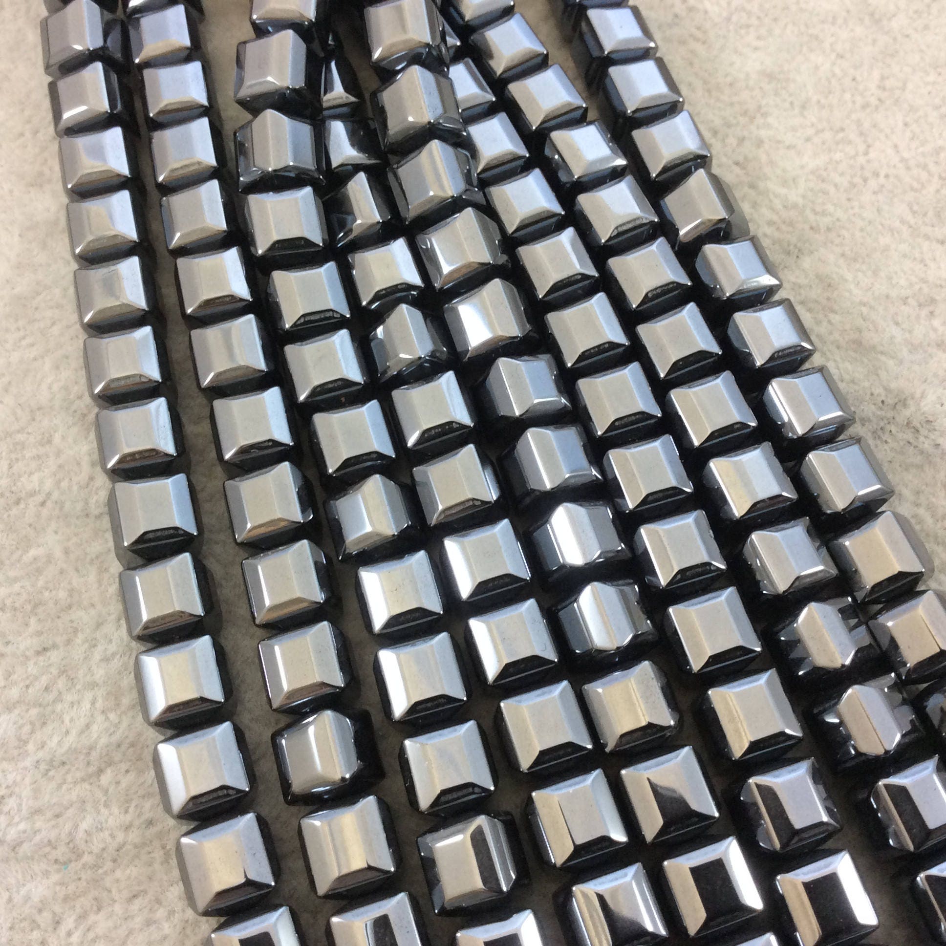 8mm Glossy Finish Faceted Metallic Gunmetal Coated Hematite Cube Shaped Beads with 1mm Holes - Sold by 16" Strands (Approx. 51 Beads)
