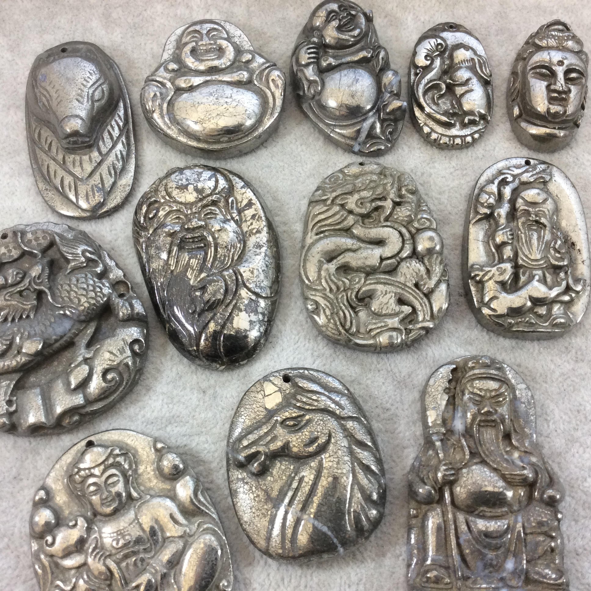 Heavyweight Hand-Carved Rabbit Shaped Natural Pyrite Pendant with 1mm Drilled Hole - Measuring 24mm x 41mm, Approx. - Individual, Random