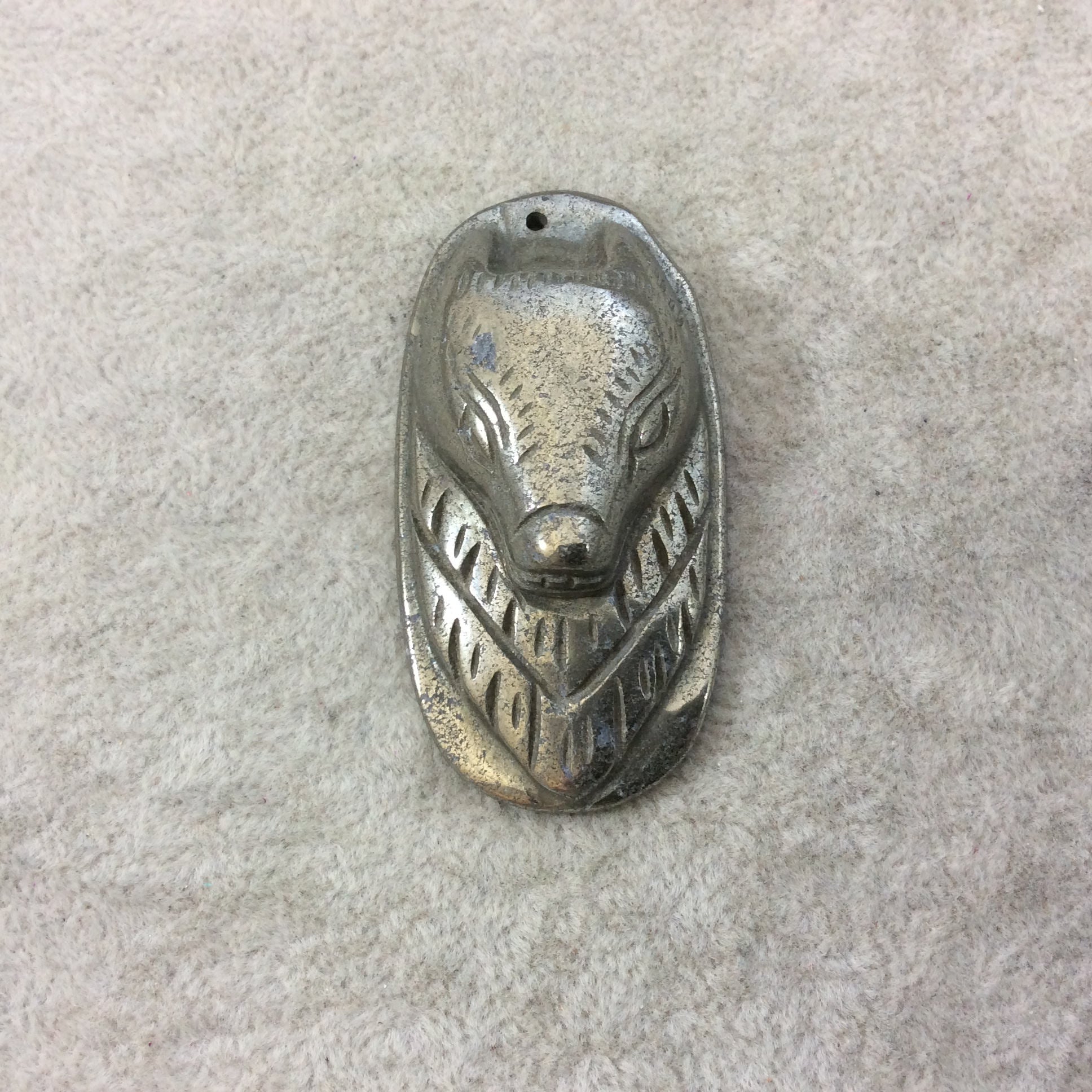 Heavyweight Hand-Carved Fox/Wolf Shaped Natural Pyrite Pendant with 1mm Drilled Hole - Measuring 38mm x 54mm, Approx. - Individual, Random