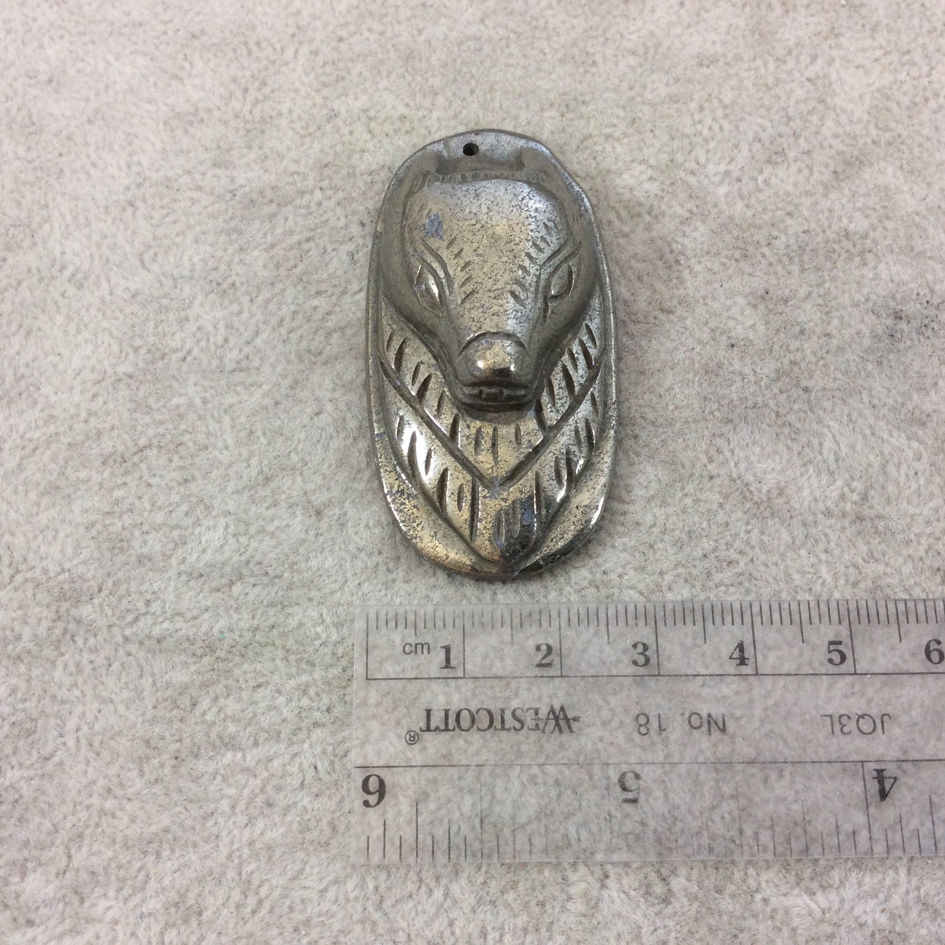 Heavyweight Hand-Carved Fox/Wolf Shaped Natural Pyrite Pendant with 1mm Drilled Hole - Measuring 38mm x 54mm, Approx. - Individual, Random