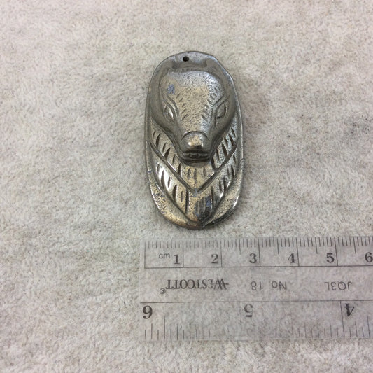 Heavyweight Hand-Carved Fox/Wolf Shaped Natural Pyrite Pendant with 1mm Drilled Hole - Measuring 38mm x 54mm, Approx. - Individual, Random