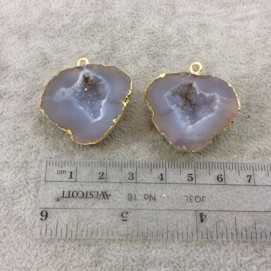 Pair of OOAK Gold Electroplated Natural Druzy Agate Geode Half Freeform Shaped Pendants - Measuring 27mm x 28mm - Unique, As Pictured