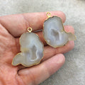 Pair of OOAK Gold Electroplated Natural Druzy Agate Geode Half Freeform Shaped Pendants - Measuring 30mm x 32mm - Unique, As Pictured