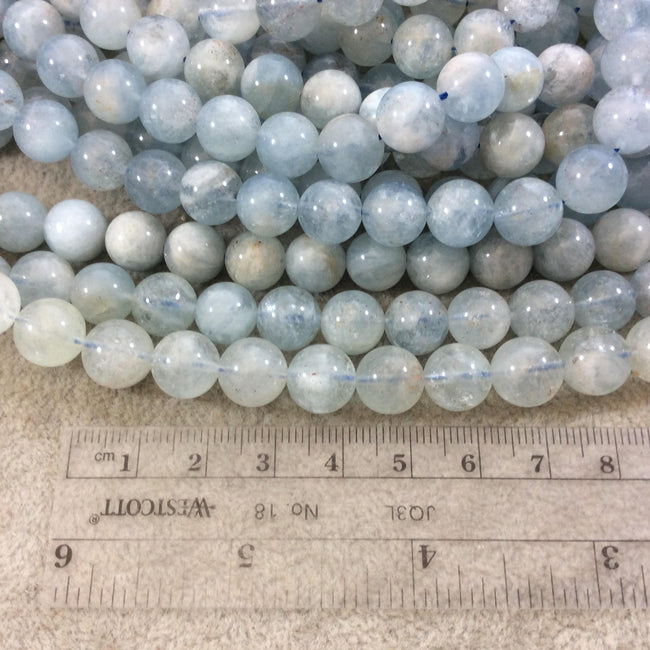 9-10mm Glossy Finish Natural Light Blue Aquamarine Round/Ball Shaped Beads with 1mm Holes - Sold by 15.5" Strands (Approximately 41 Beads)