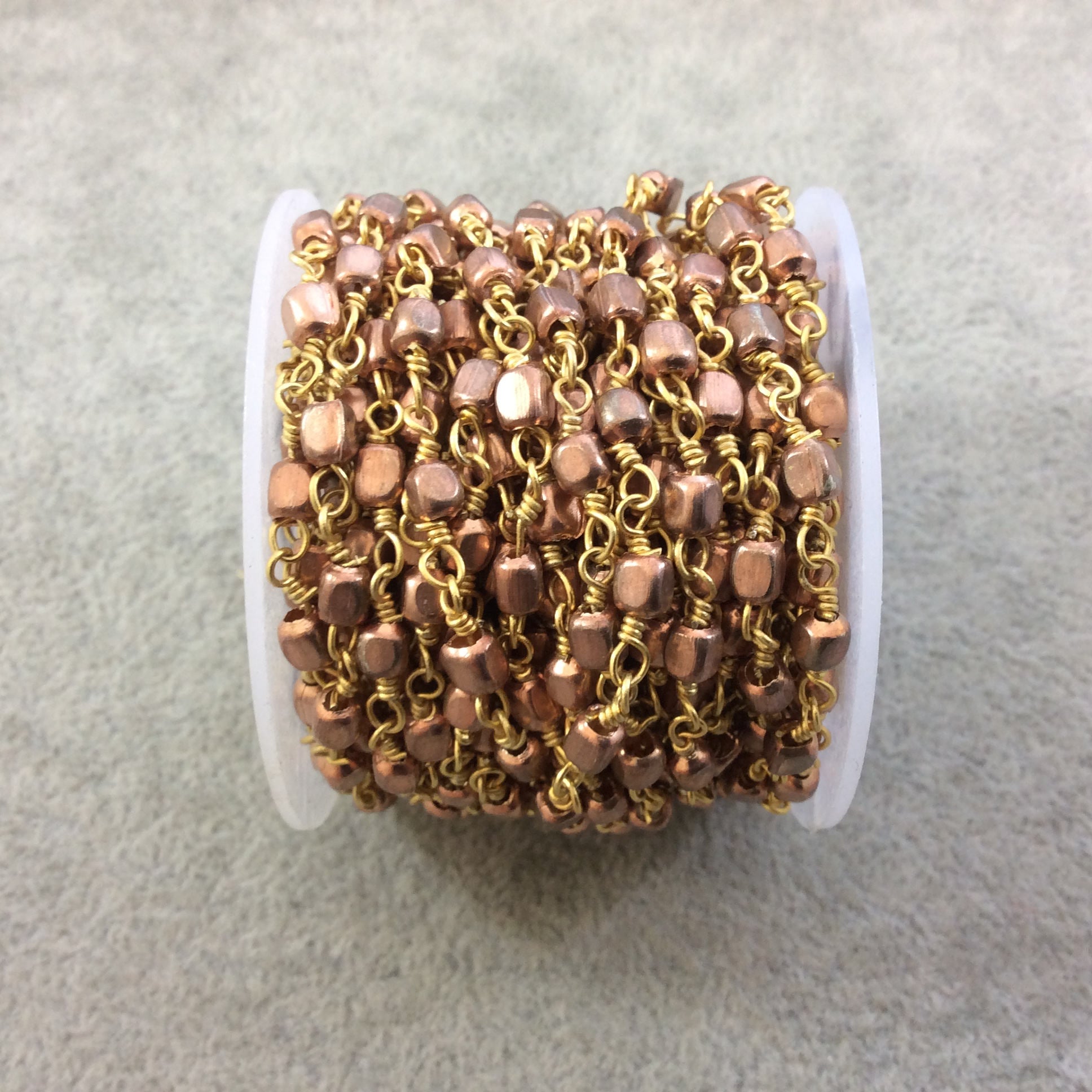 Gold Plated Copper Wrapped Rosary Chain W 4mm Light Rose Gold Plated Copper 3D Cube Shape Beads - Bulk Jewelry Chain