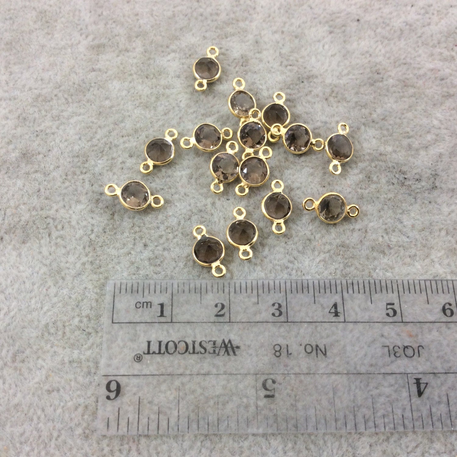 BULK LOT - Pack of Six (6) Gold Vermeil Pointed/Cut Stone Faceted Round/Coin Shaped Smoky Quartz Bezel Connectors - Measuring 5mm x 5mm