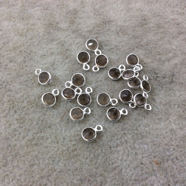 BULK LOT - Pack of Six (6) Sterling Silver Pointed/Cut Stone Faceted Round/Coin Shaped Smoky Quartz Bezel Pendants - Measuring 4mm x 4mm