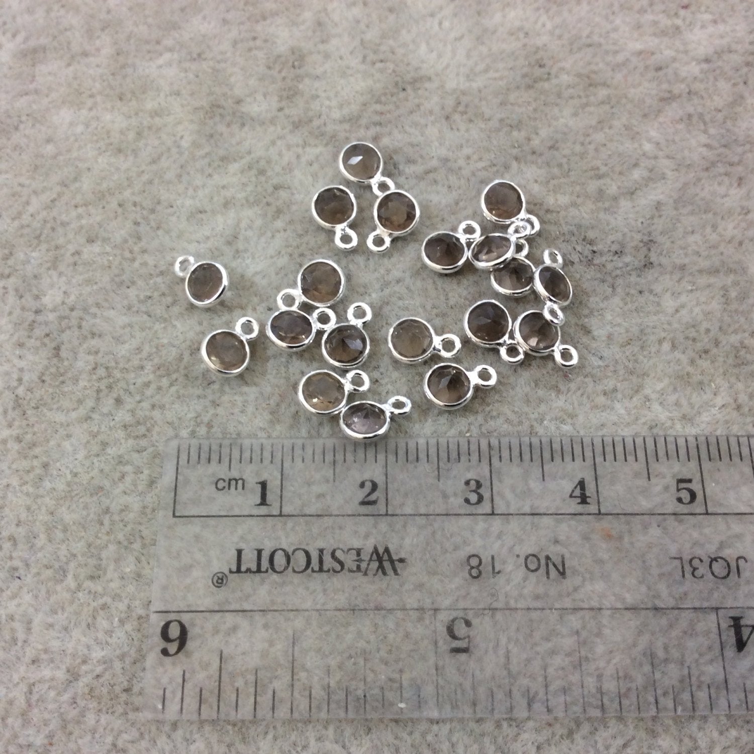 BULK LOT - Pack of Six (6) Sterling Silver Pointed/Cut Stone Faceted Round/Coin Shaped Smoky Quartz Bezel Pendants - Measuring 4mm x 4mm