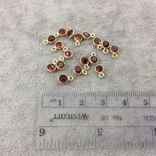 BULK LOT - Pack of Six (6) Gold Vermeil Pointed/Cut Stone Faceted Round/Coin Shaped Deep Red Garnet Bezel Pendants - Measuring 4mm x 4mm