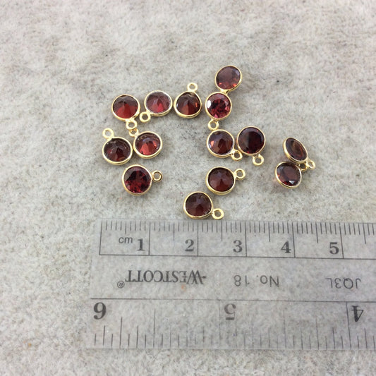 BULK LOT - Pack of Six (6) Gold Vermeil Pointed/Cut Stone Faceted Round/Coin Shaped Deep Red Garnet Bezel Pendants - Measuring 6mm x 6mm