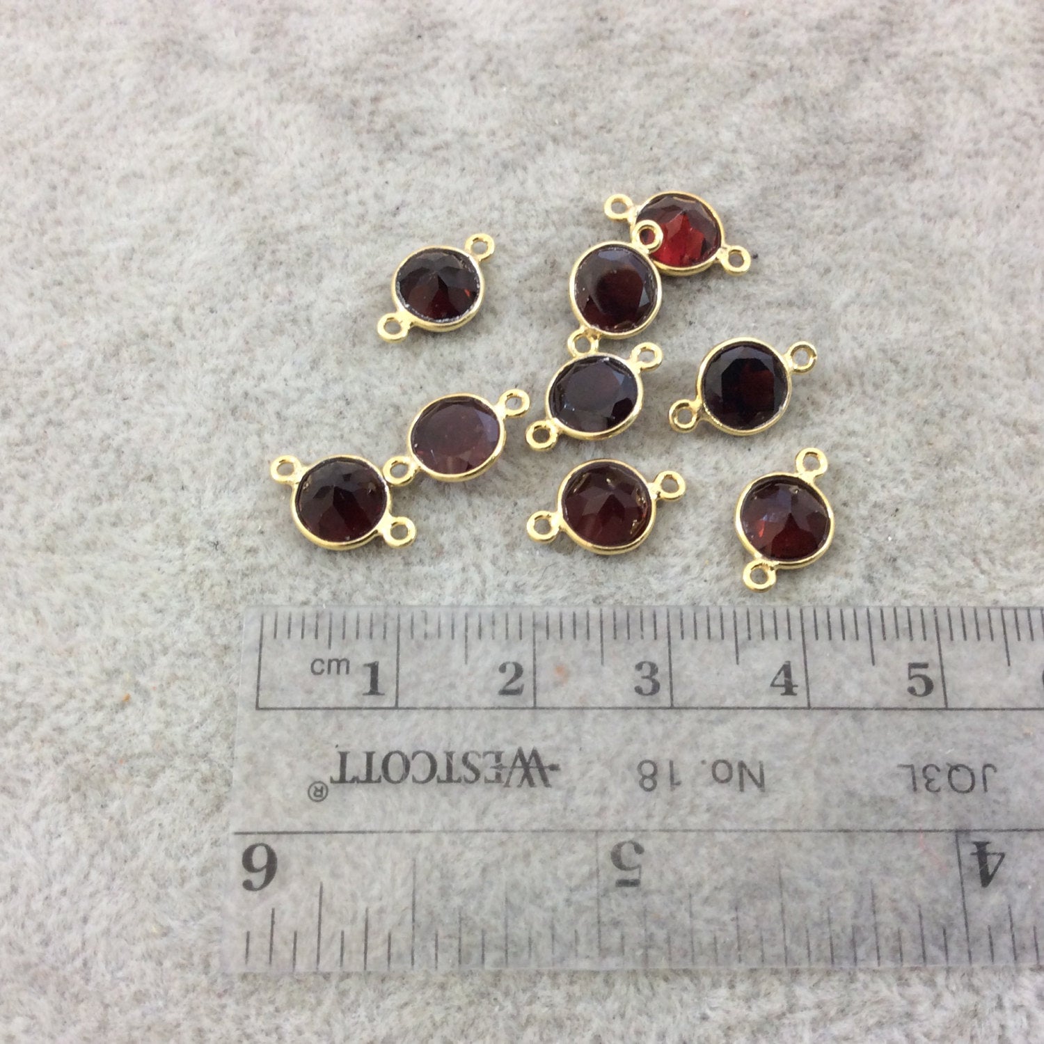 BULK LOT - Pack of Six (6) Gold Vermeil Pointed/Cut Stone Faceted Round/Coin Shaped Deep Red Garnet Bezel Connectors - Measuring 7mm x 7mm