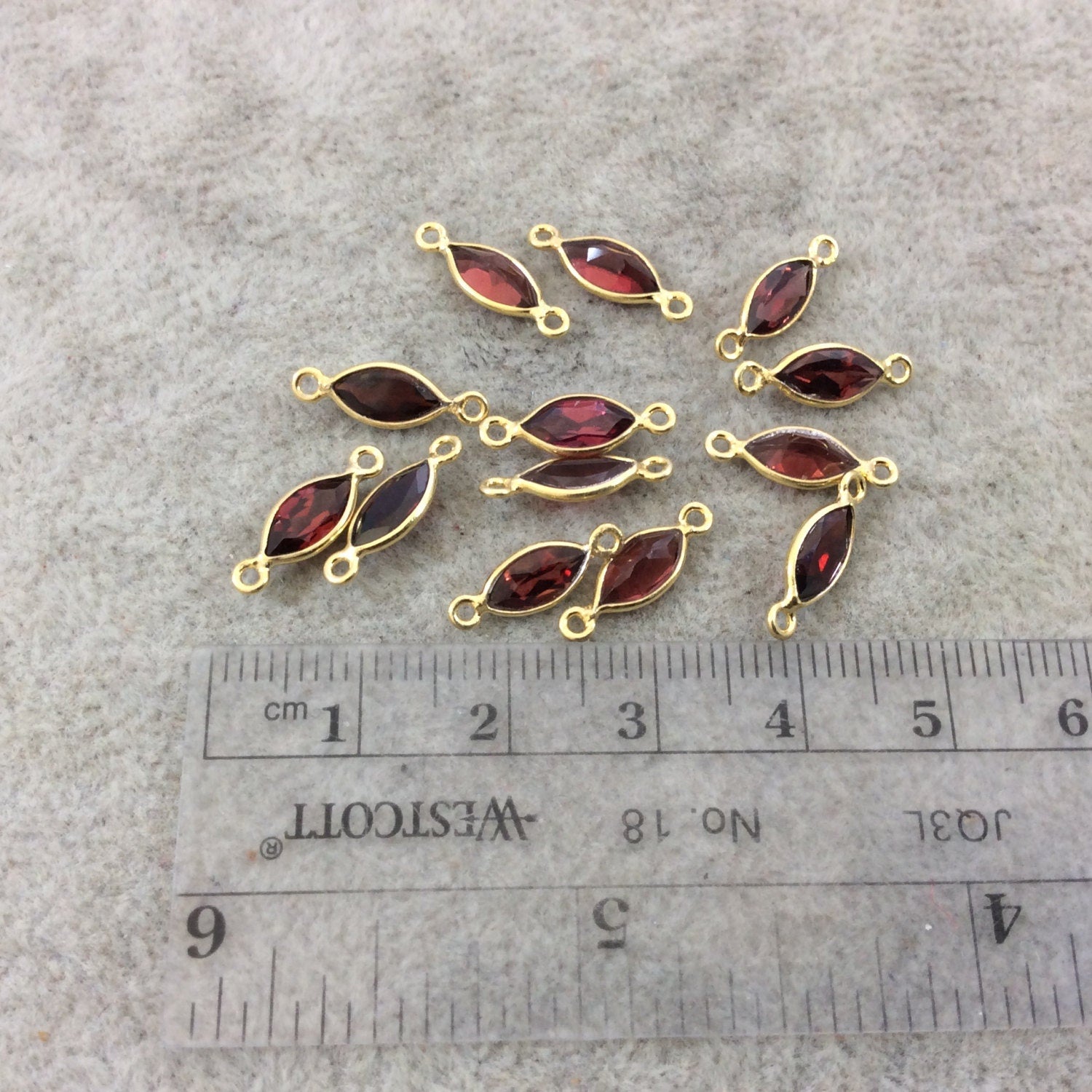 BULK LOT - Pack of Six (6) Gold Vermeil Pointed/Cut Stone Faceted Marquise Shaped Deep Red Garnet Bezel Connectors - Measuring 4mm x 8mm