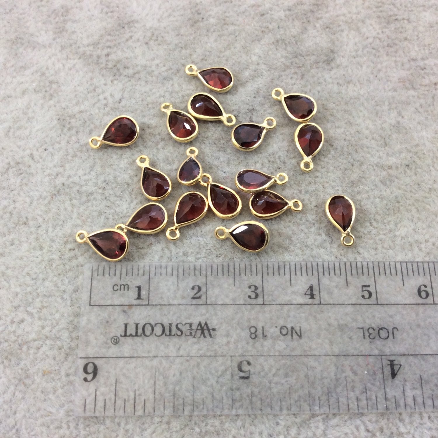 BULK LOT - Pack of Six (6) Gold Vermeil Pointed/Cut Stone Faceted Teardrop Shaped Deep Red Garnet Bezel Pendants - Measuring 5mm x 7mm