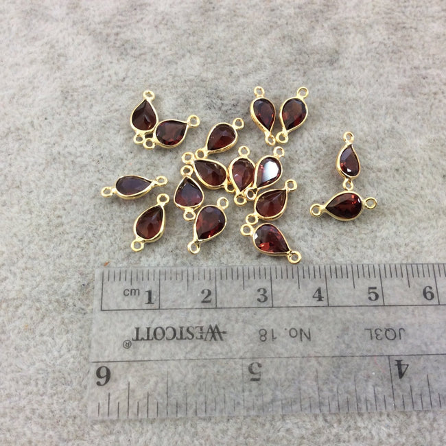 BULK LOT - Pack of Six (6) Gold Vermeil Pointed/Cut Stone Faceted Teardrop Shaped Deep Red Garnet Bezel Connectors - Measuring 5mm x 7mm