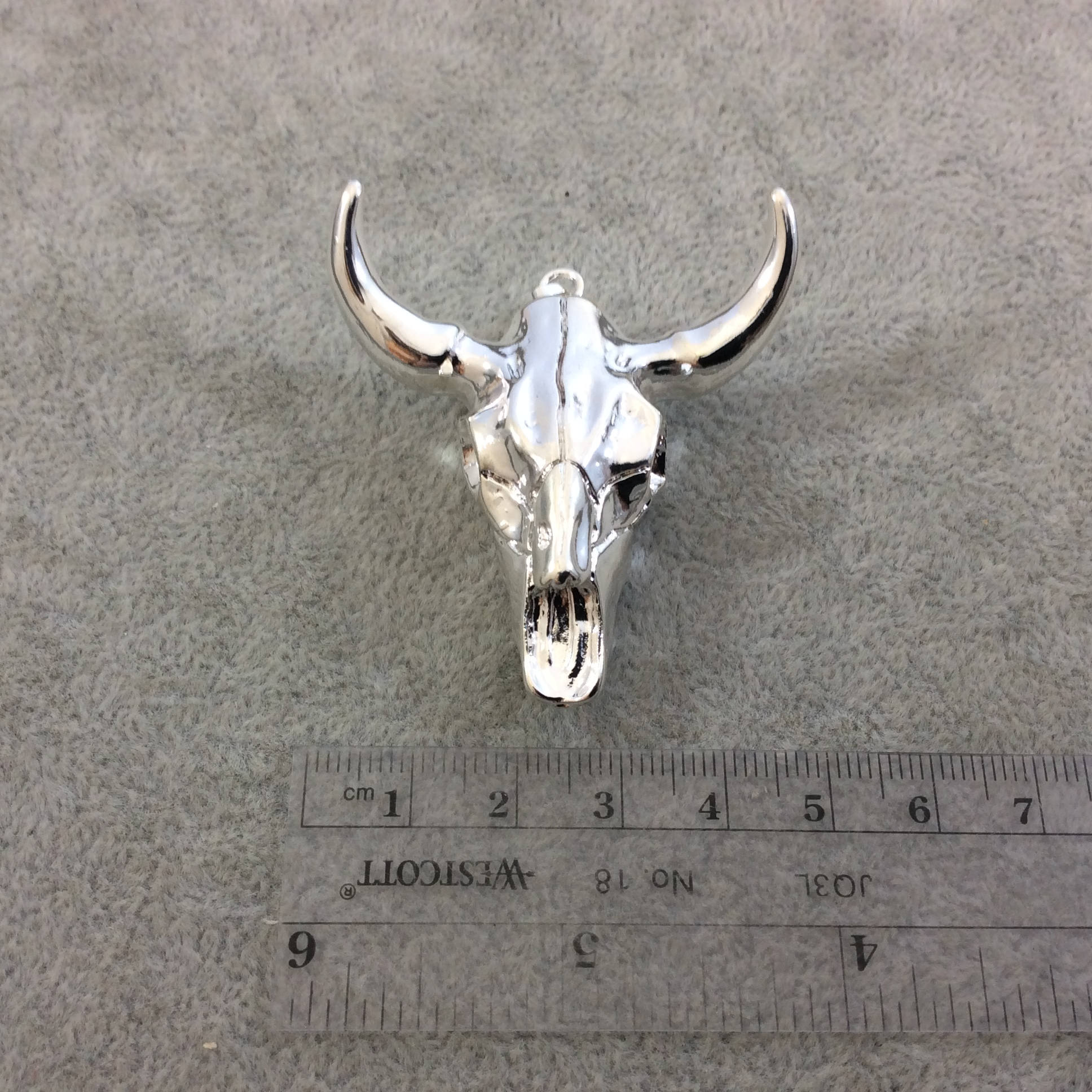 2" Silver Electroplated Steer Skull Shaped Acrylic Resin Pendant with Attached Bail - Measuring 48mm x 50mm, Approx. - Sold Individually