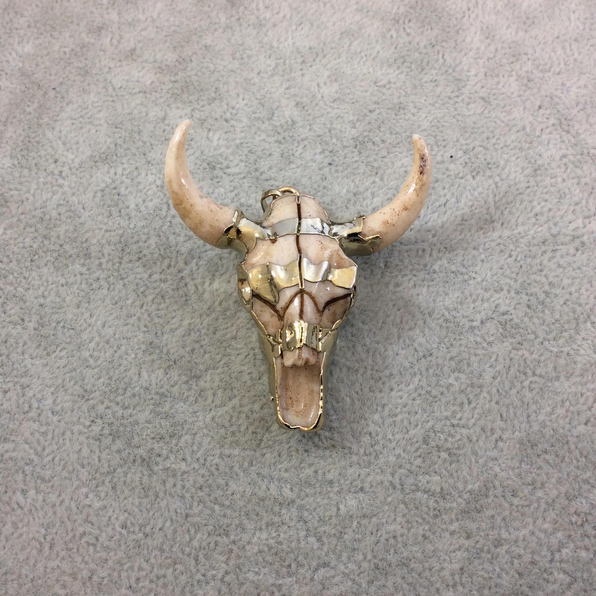 2" Gold Electroplated Striped Face Steer Skull Shaped Resin Pendant with Bare Horns - Measuring 48mm x 50mm, Approx. - Sold Individually