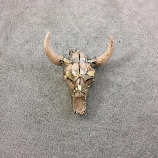 2" Gold Electroplated Striped Face Steer Skull Shaped Resin Pendant with Bare Horns - Measuring 48mm x 50mm, Approx. - Sold Individually