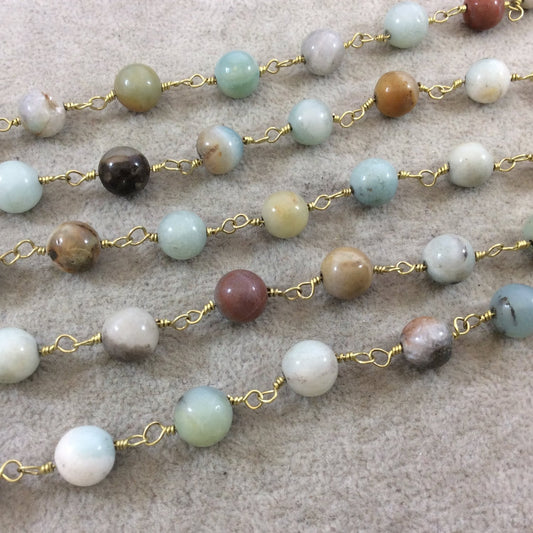 Amazonite Rosary Chain - 10mm Beaded Chain with Gold Plated Wire Wrapping - Chain for Jewelry Making