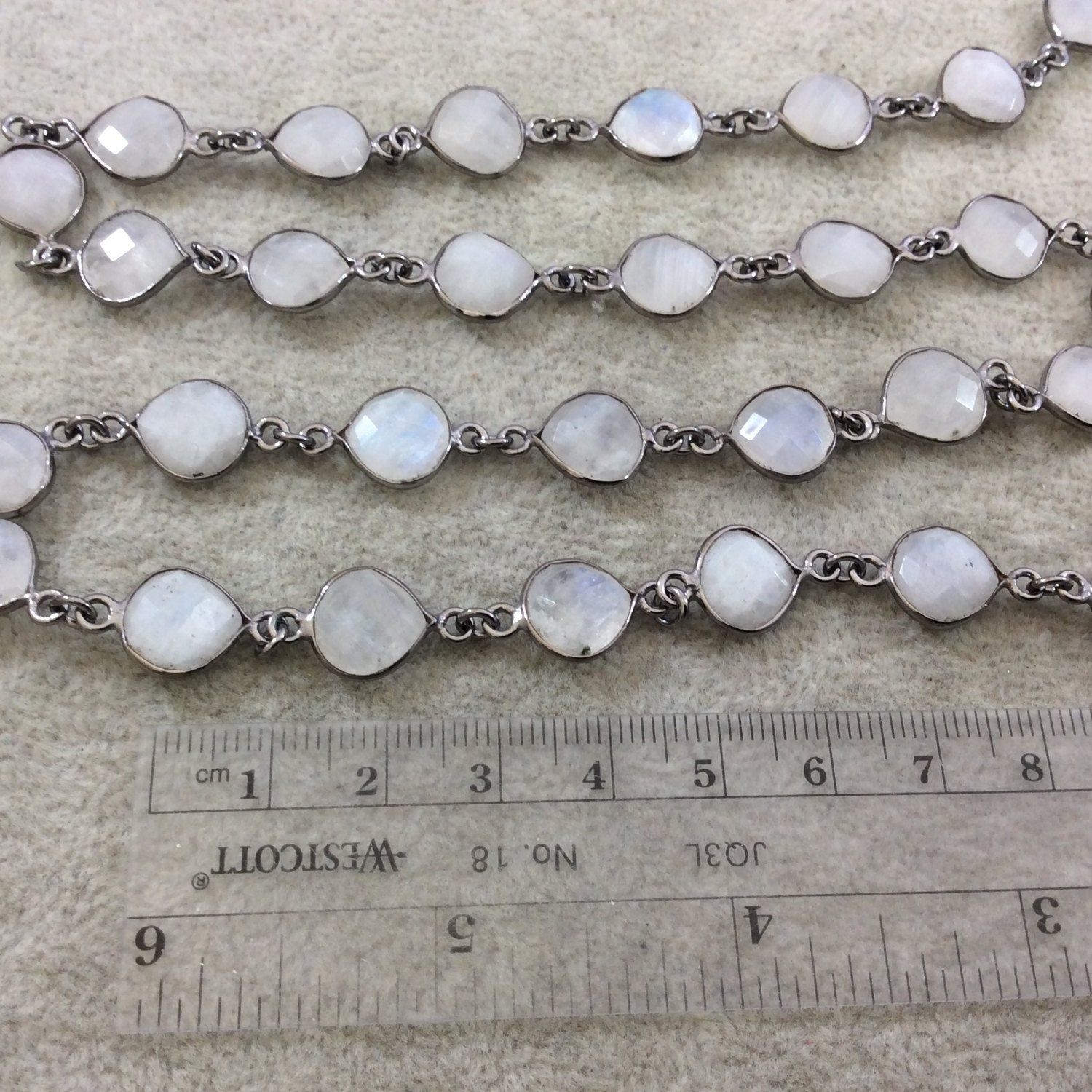 Gunmetal Plated Copper Rosary Chain with 10mm Faceted Natural Moonstone Heart/Teardrop Shaped Bezels - Sold by 1' Cut Sections or in Bulk!