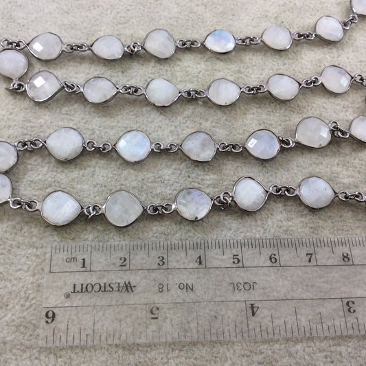 Gunmetal Plated Copper Rosary Chain with 10mm Faceted Natural Moonstone Heart/Teardrop Shaped Bezels - Sold by 1' Cut Sections or in Bulk!