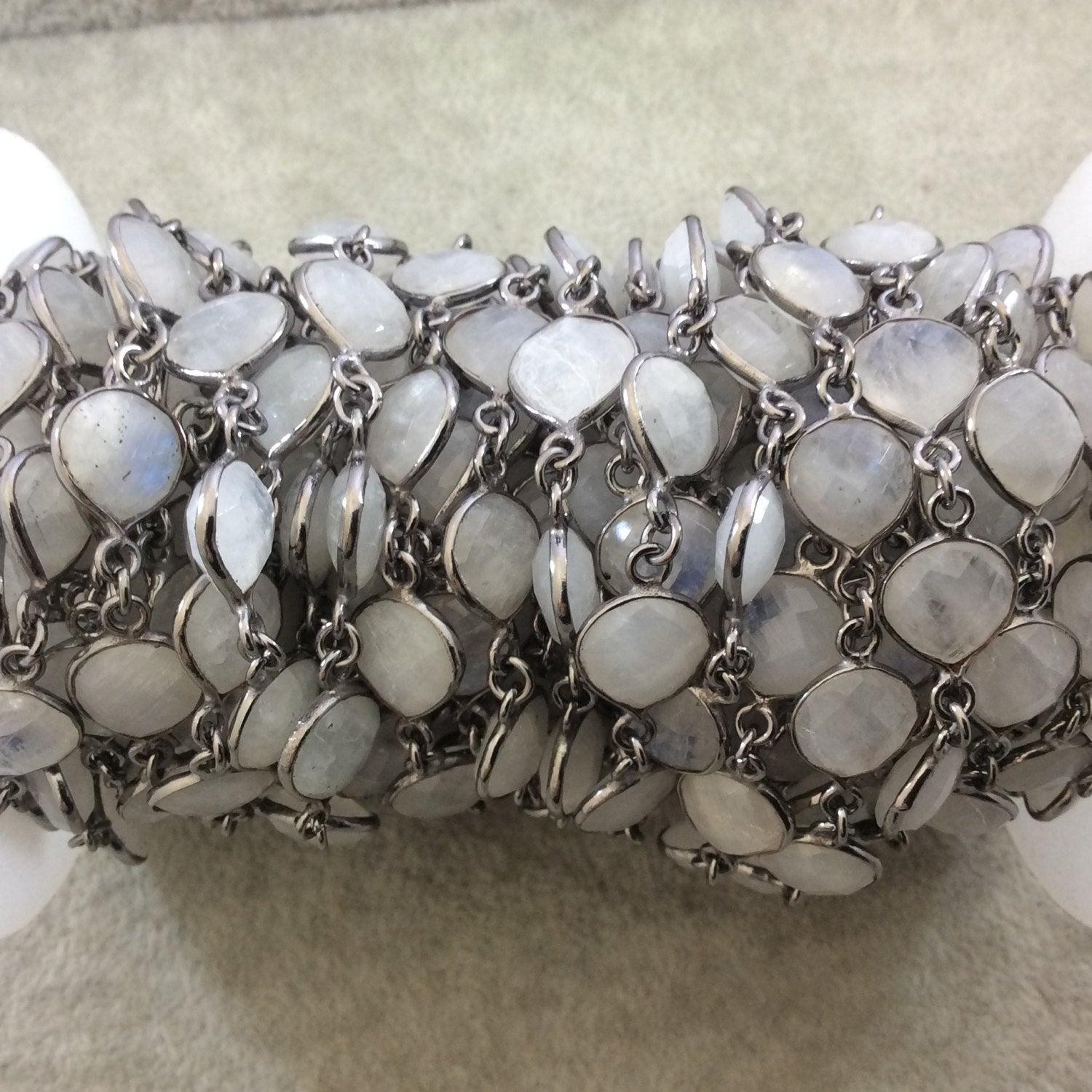 Gunmetal Plated Copper Rosary Chain with 10mm Faceted Natural Moonstone Heart/Teardrop Shaped Bezels - Sold by 1' Cut Sections or in Bulk!