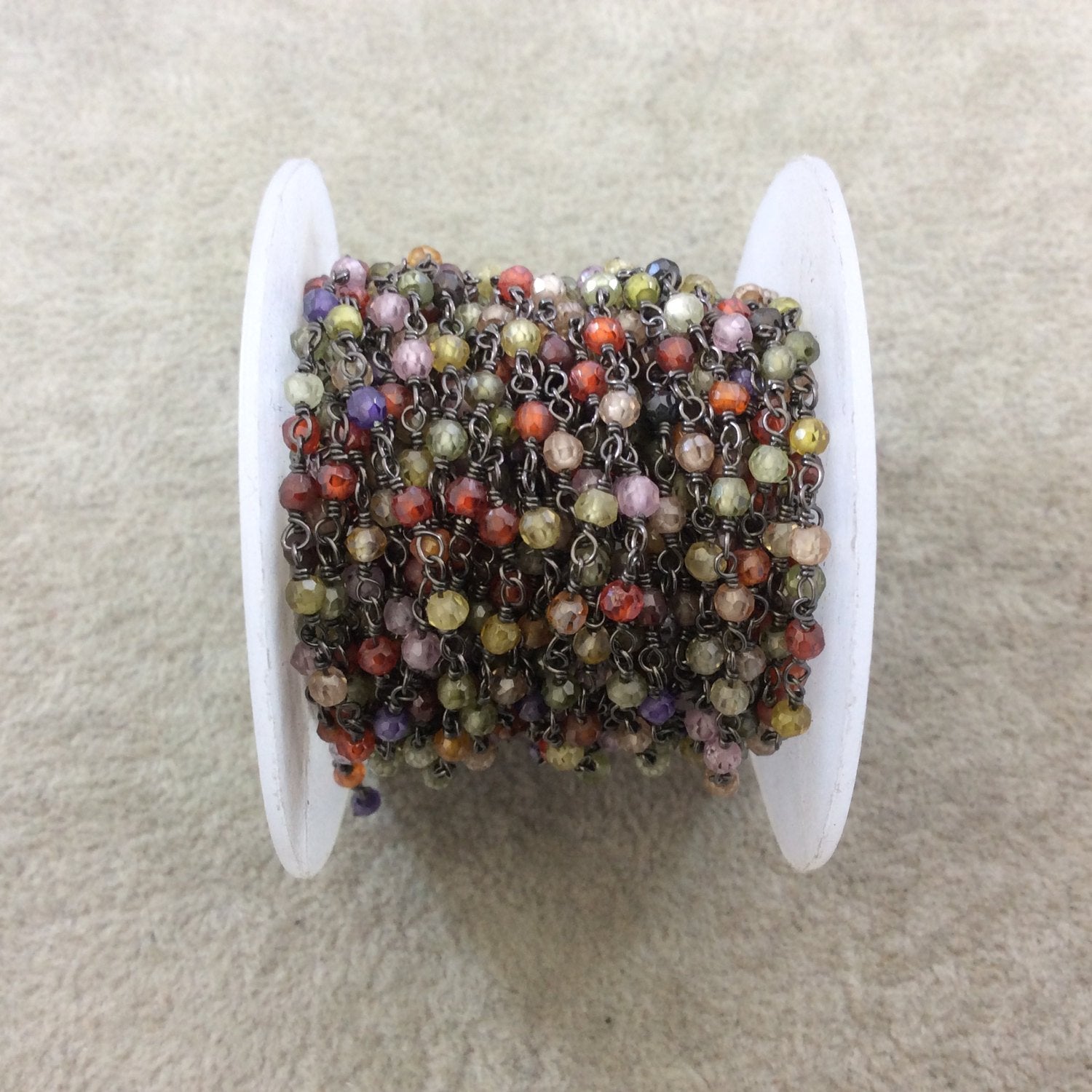 Gunmetal Plated Copper Rosary Chain with 3mm Faceted Multicolor Cubic Zirconia Round/Ball Beads (CH076-GM) - Sold by 1' Cut Sections!