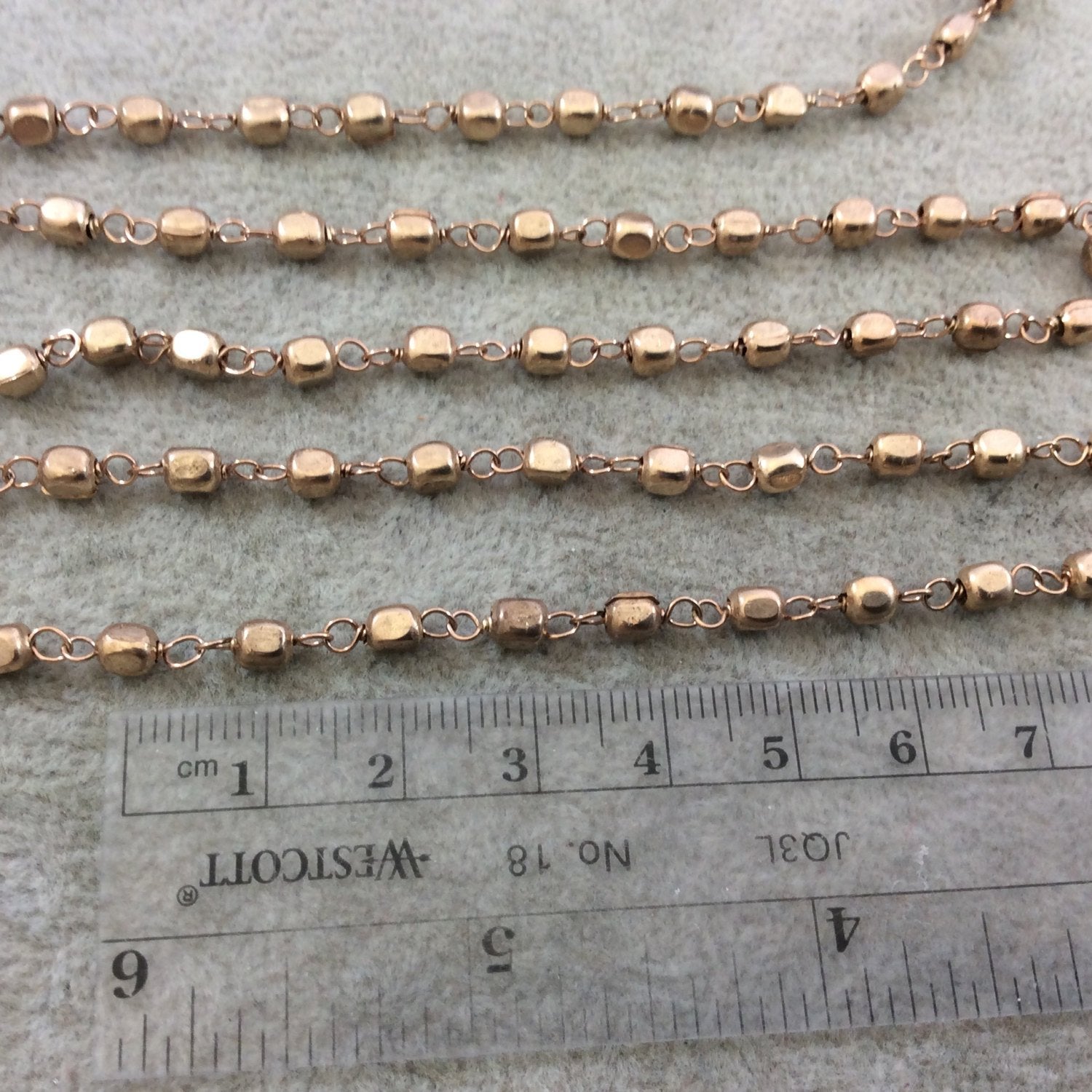 Light Rose Gold Plated Copper Wrapped Rosary Chain with 4mm Plated Copper 3D Square/Cube Shaped Beads - Sold by 1' Cut Sections or in Bulk!