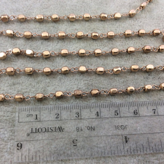 Light Rose Gold Plated Copper Wrapped Rosary Chain with 4mm Plated Copper 3D Square/Cube Shaped Beads - Sold by 1' Cut Sections or in Bulk!