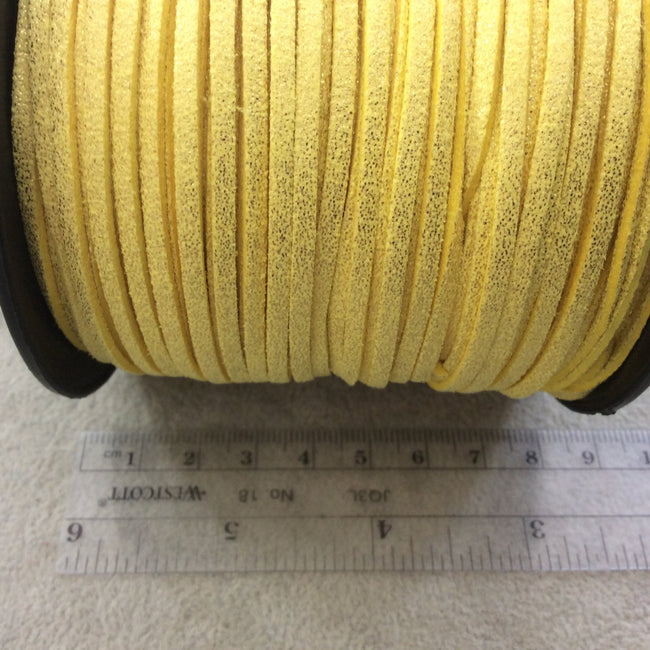 FULL SPOOL - Matte Glitter Canary Yellow Faux Micro Suede Cord - Measuring 1.5mm x 2.5mm - 325 Feet (100 Meters) - Imitation VEGAN Leather