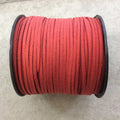 FULL SPOOL - Matte Glitter Lipstick Red Faux Micro Suede Cord - Measuring 1.5mm x 2.5mm - 325 Feet (100 Meters) - Imitation VEGAN Leather