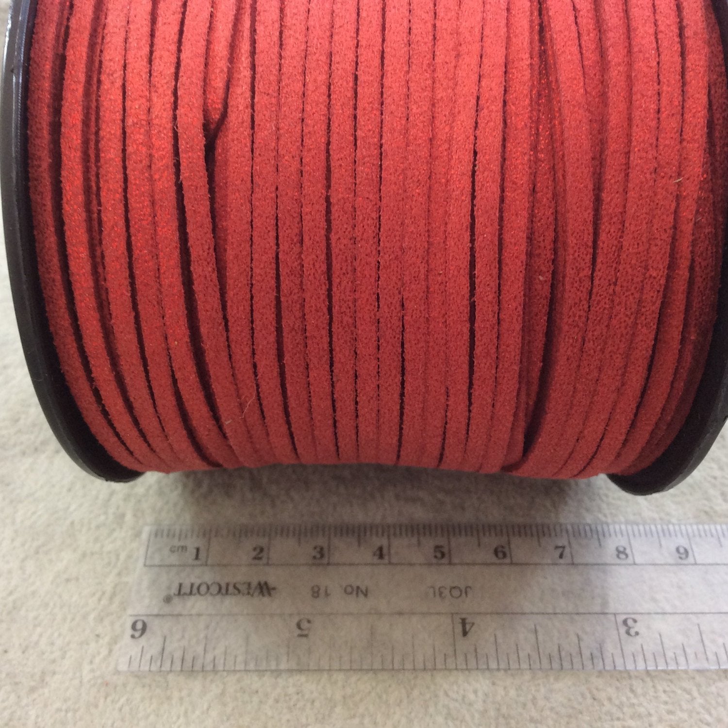 FULL SPOOL - Matte Glitter Lipstick Red Faux Micro Suede Cord - Measuring 1.5mm x 2.5mm - 325 Feet (100 Meters) - Imitation VEGAN Leather