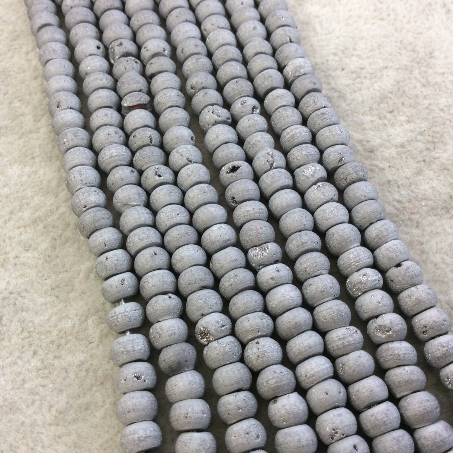 6mm Matte Finish Premium Metallic Silver Titanium Druzy Agate Rondelle Shape Beads with 1mm Holes - Sold by 7.75" Strands (Approx. 45 Beads)