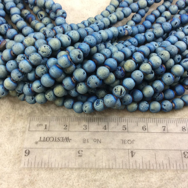 6mm Matte Finish Premium Light Blue/Gold Titanium Druzy Agate Round Shaped Beads with 1mm Holes - Sold by 15.5" Strands (Approx. 66 Beads)