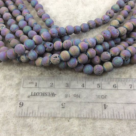 6mm Matte Finish Premium Metallic Rainbow Druzy Agate Round/Ball Shaped Beads with 1mm Holes - Sold by 15.5" Strands (Approx. 66 Beads)