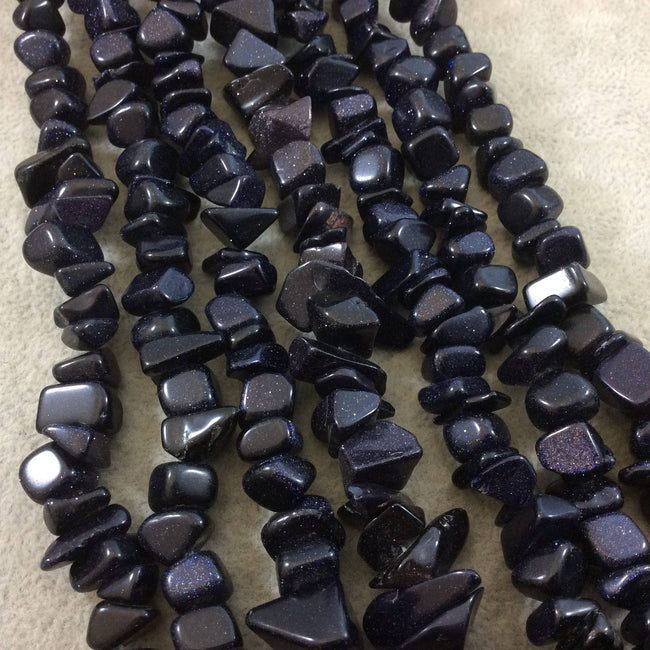 Blue Goldstone (Manmade Glass) Chunky Nugget Shape Beads with 1mm Holes - Sold by 16" Strands (Approx. 75-80 Beads) - Measuring 10-15mm Wide