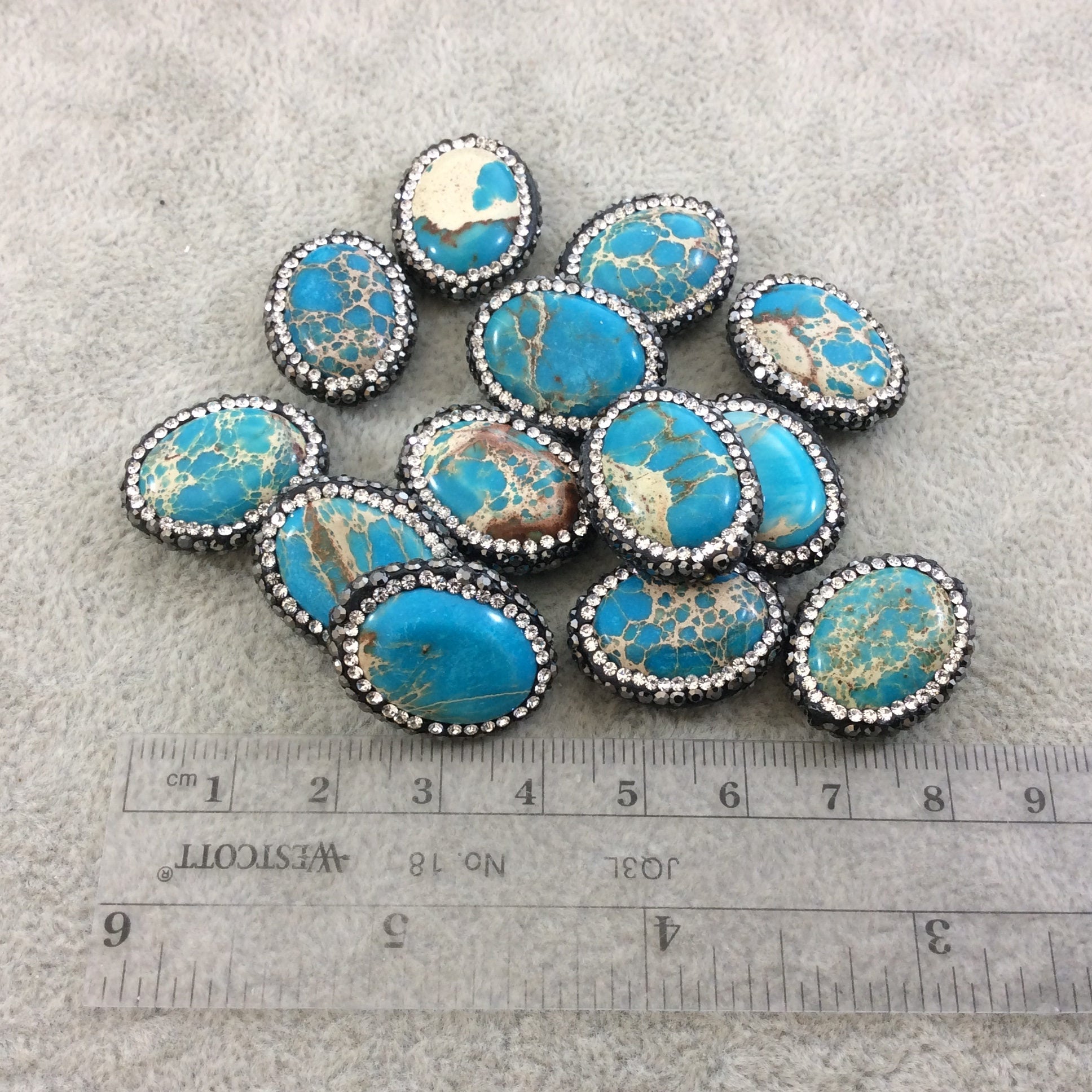 Single Rhinestone Encrusted Turquoise Aqua Terra (Sea Sediment) Jasper Oval Shape Bead - Measuring 17mm x 22mm, Approx. - Individual, RANDOM