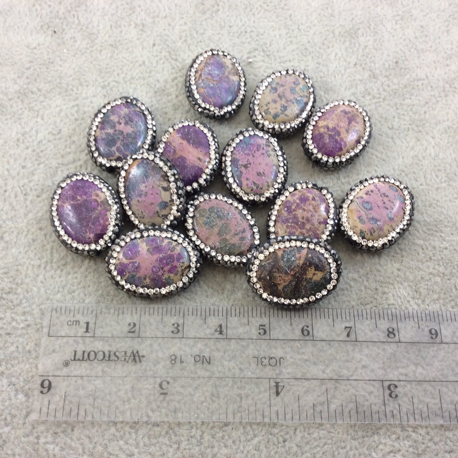 Single Rhinestone Encrusted Purple Aqua Terra (Sea Sediment) Jasper Oval Shaped Bead - Measuring 17mm x 22mm, Approx. - Individual, RANDOM